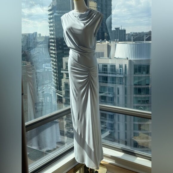 🆕 SIMKHAI 🧿 NWOT Acacia Draped Ruched Jersey Midi Dress, Blue Haze - Sz L - Picture 2 of 15